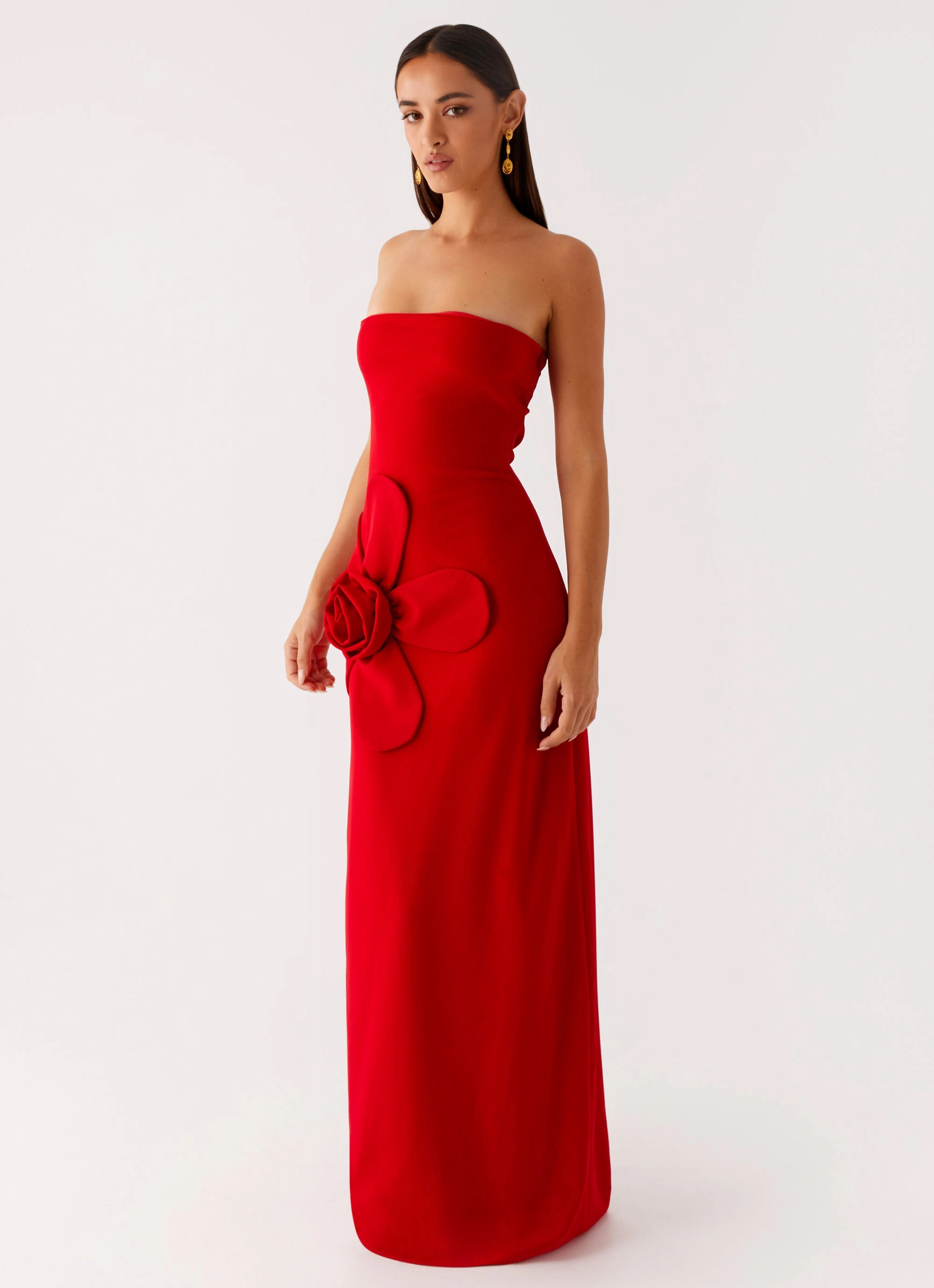 Polite Tone Relaxed Layers Hilton Strapless Maxi Dress - Red