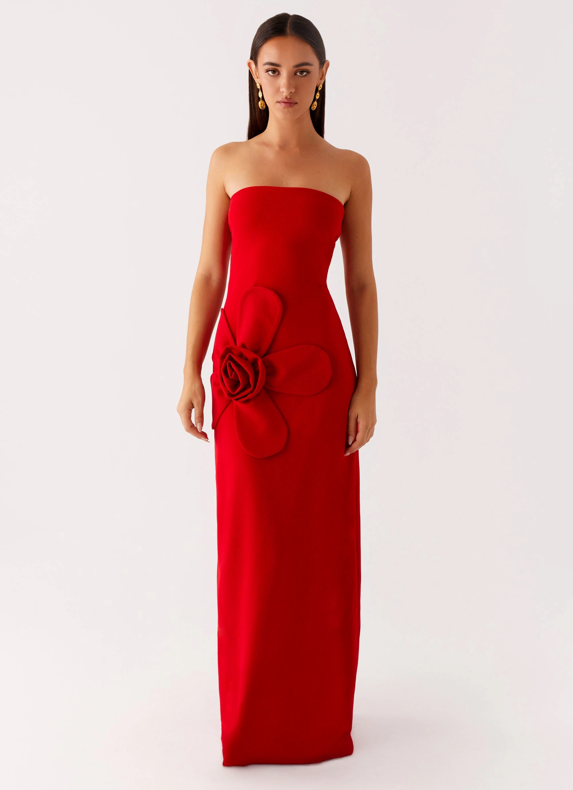 Shiny Zip Evening Tone Hilton Strapless Maxi Dress - Red