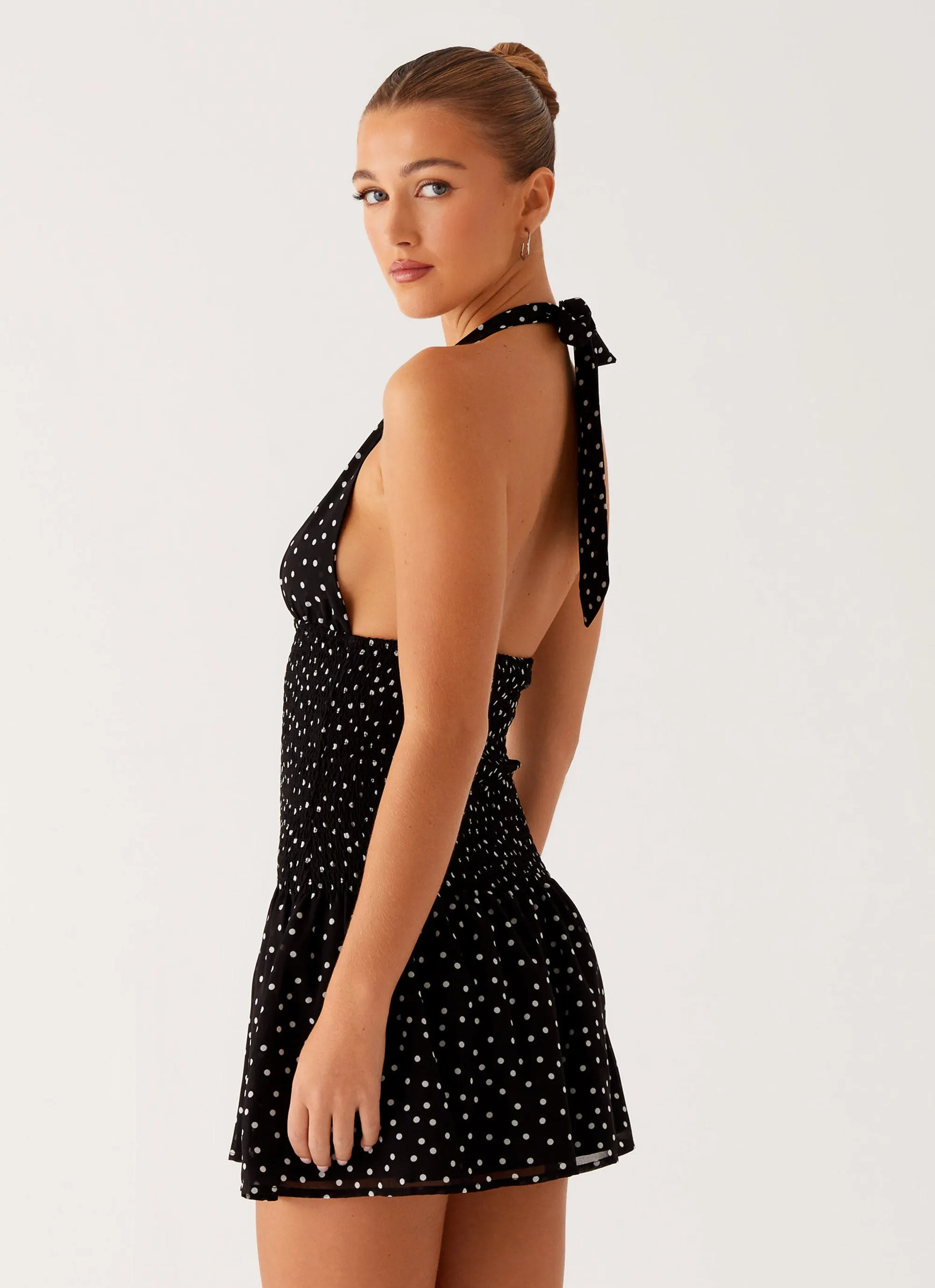 Shine Soft Silky texture Holden Mini Dress - Black Polka Dot