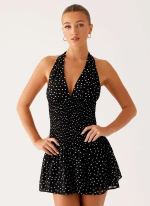 Holden Mini Dress - Black Polka Dot Smooth-Lining SoftTouchTexture
