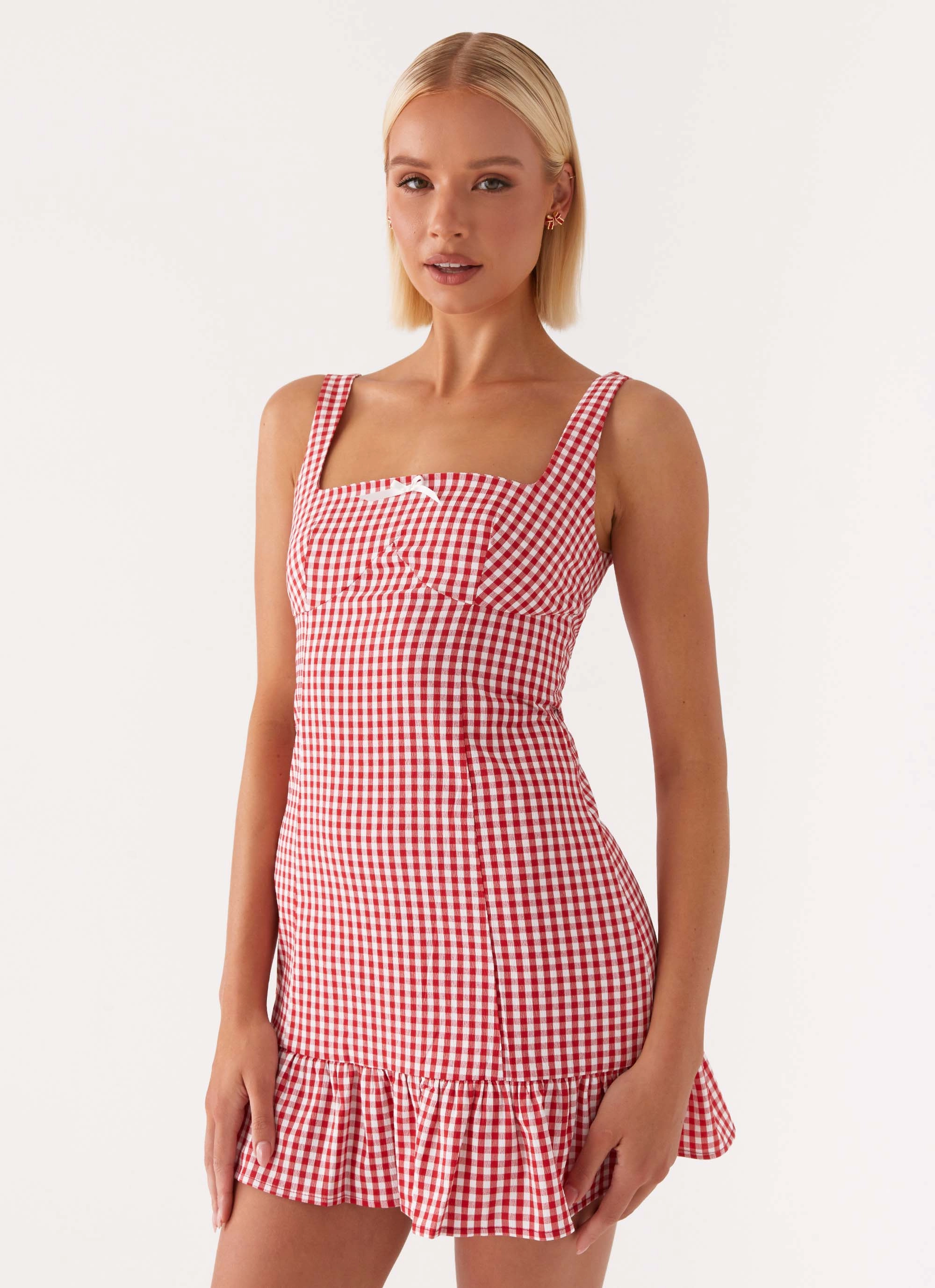 AntiStaticMaterial Effortless Layer Wear Honesty Mini Dress - Red Gingham