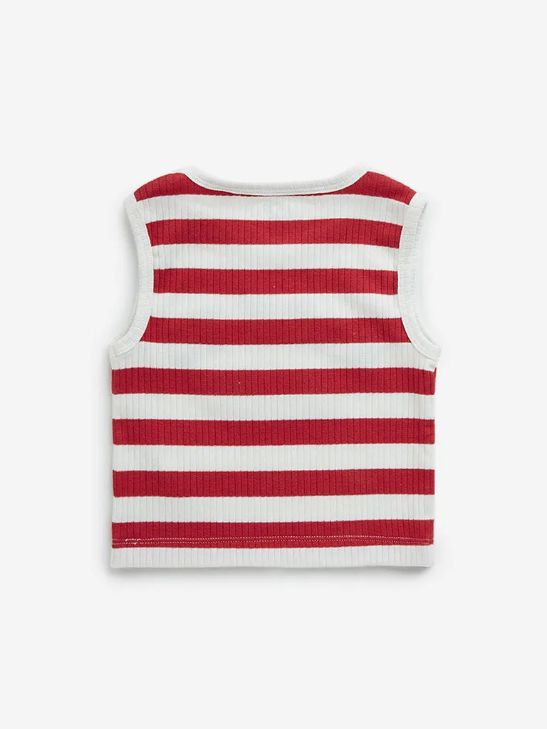 HOP Kids Red Stripe Printed Cotton Blend T-Shirt