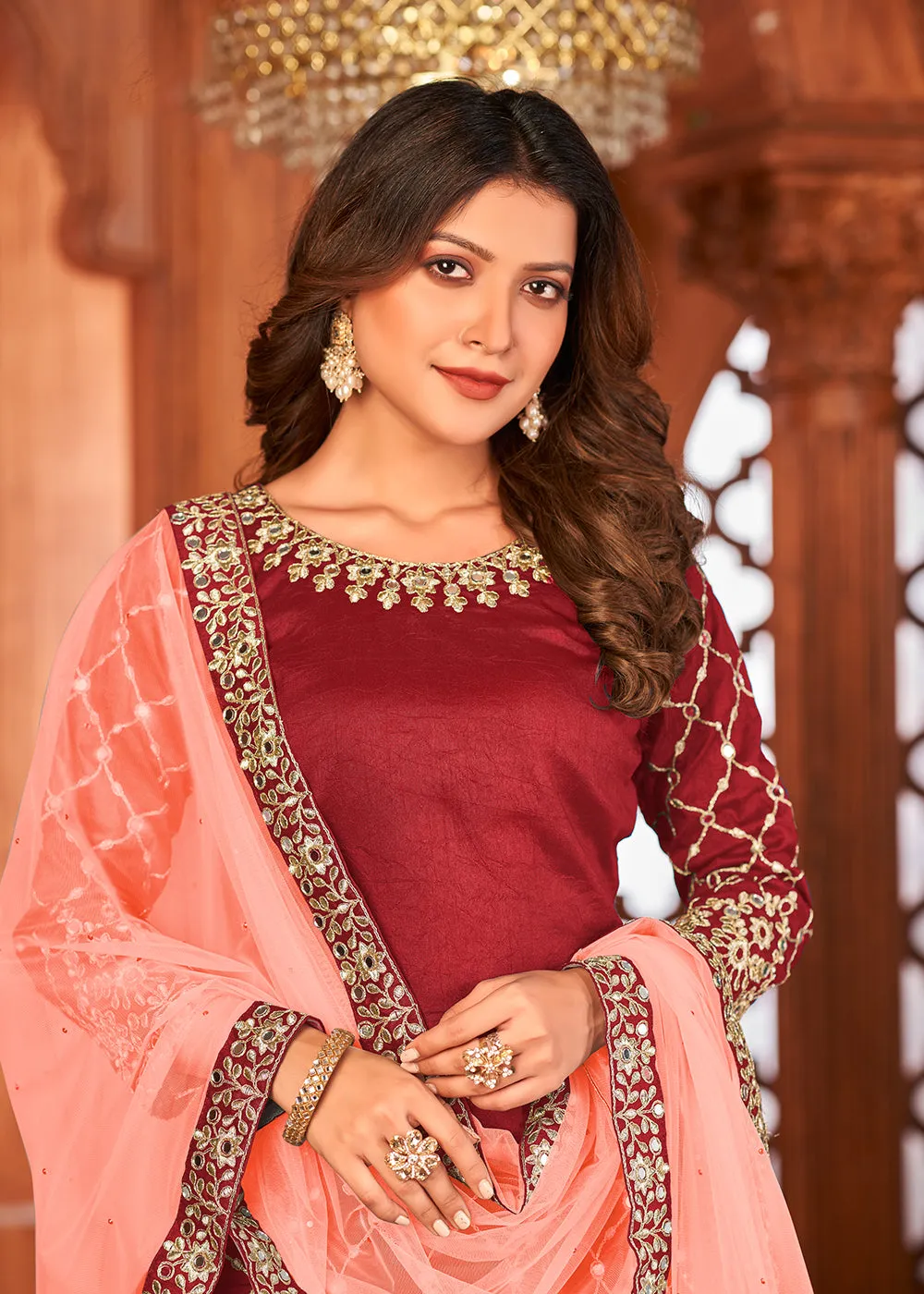 Hot Red Glass Work Art Silk Patiala Salwar Suit