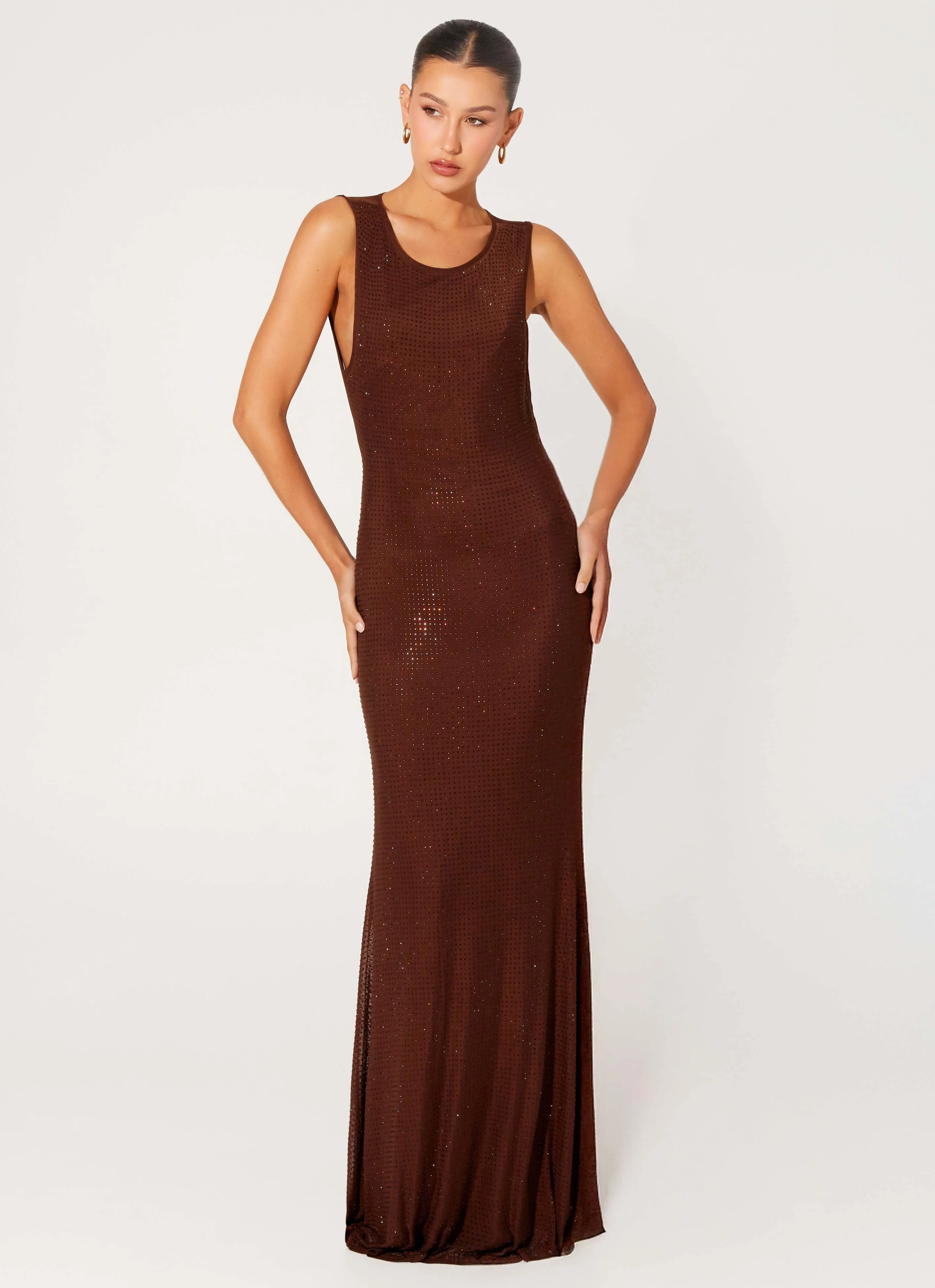 Polite Color Hot Sequins Maxi Dress - Chocolate