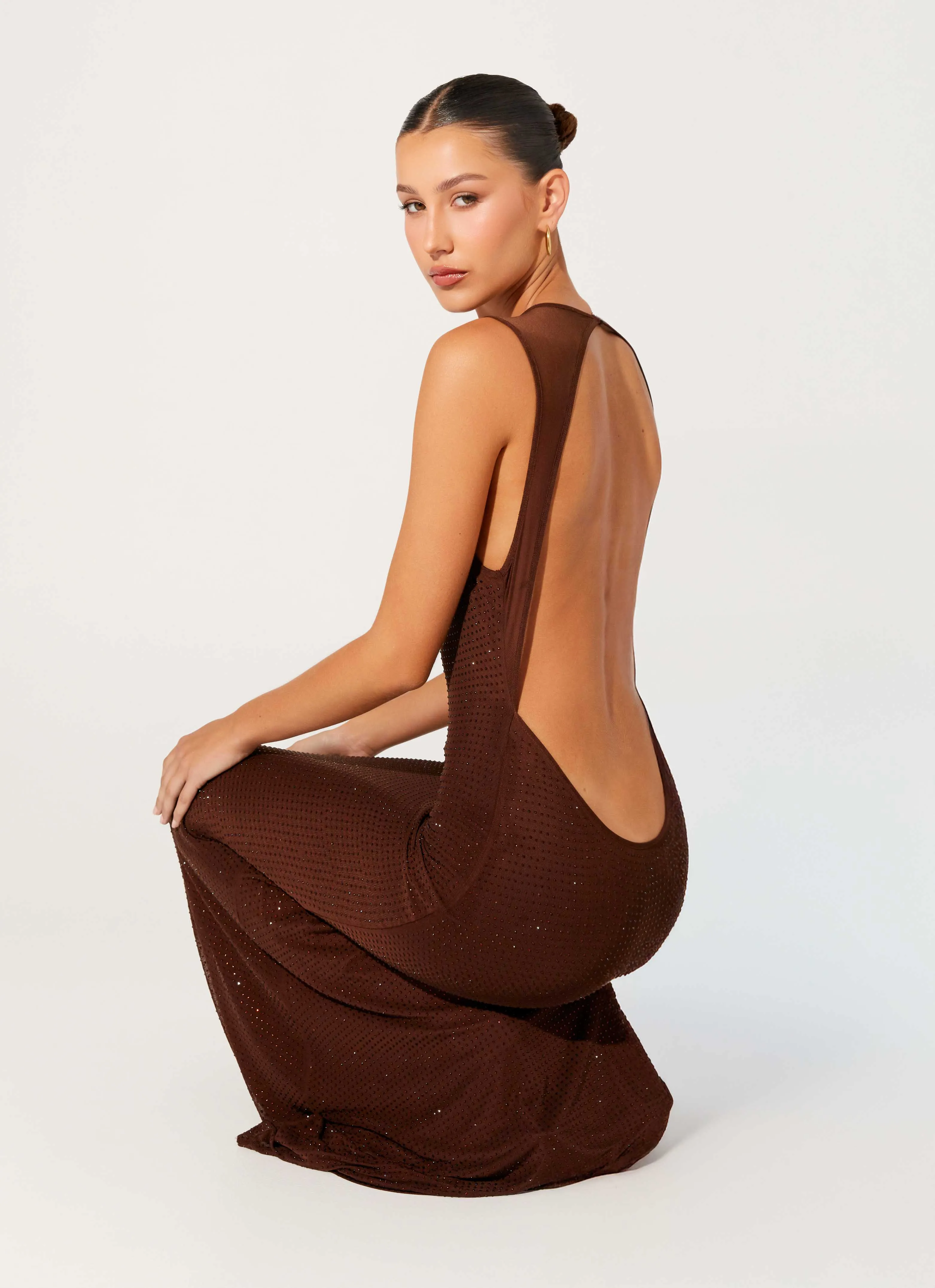 Hot Sequins Maxi Dress - Chocolate Pleated-Skirt