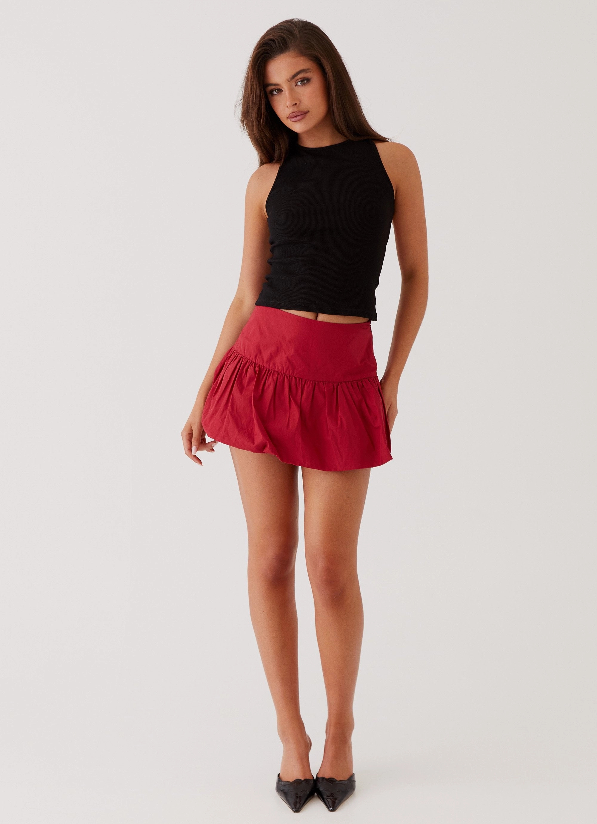 Hotel California Low Rise Mini Skirt - Red Flexibility Built-In Work Comfort