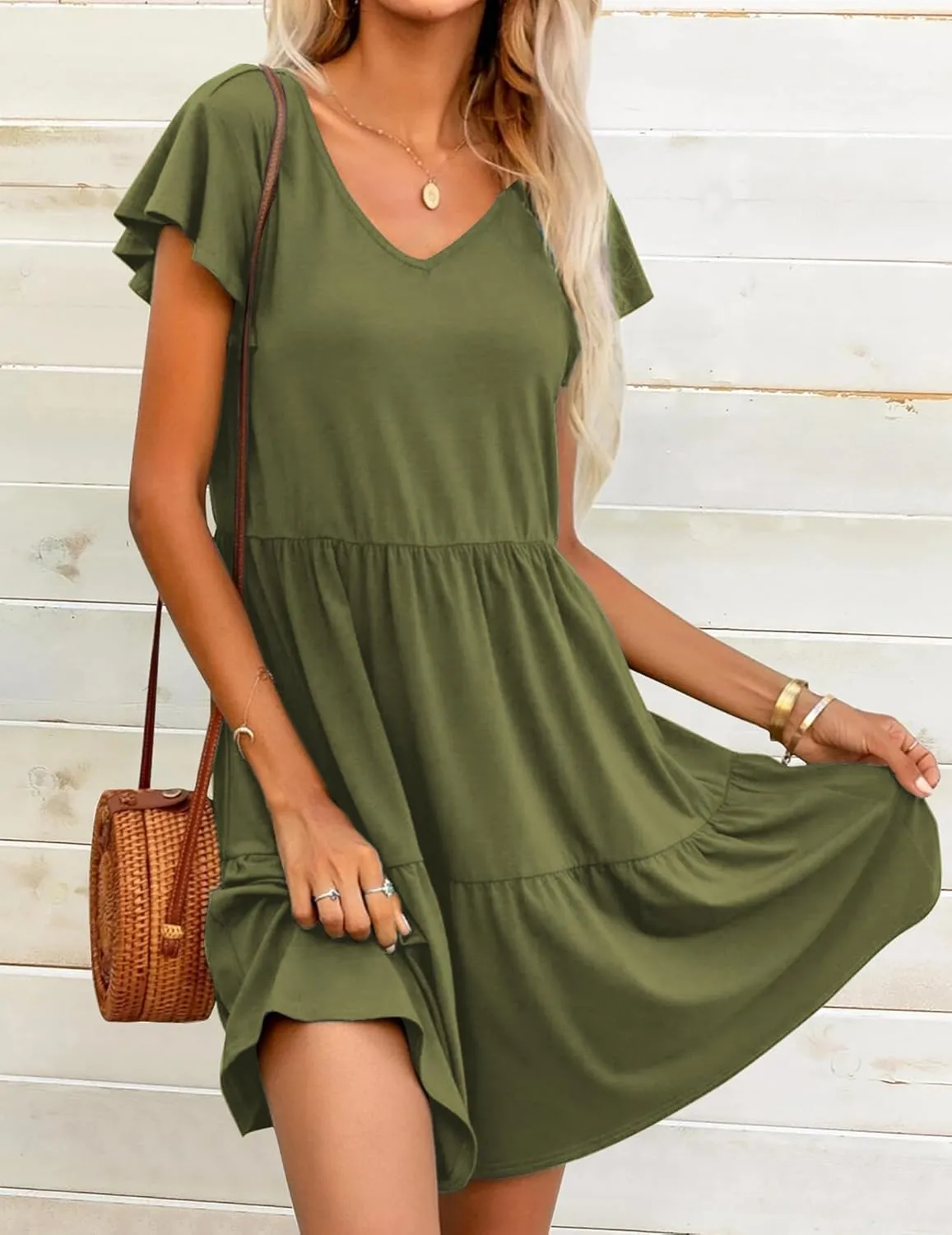 HOTOUCH Women's Casual Tiered Dress with Pockets V Neck Ruffle Dress Cap Sleeve Swing Mini Dress A-Line Dresses
