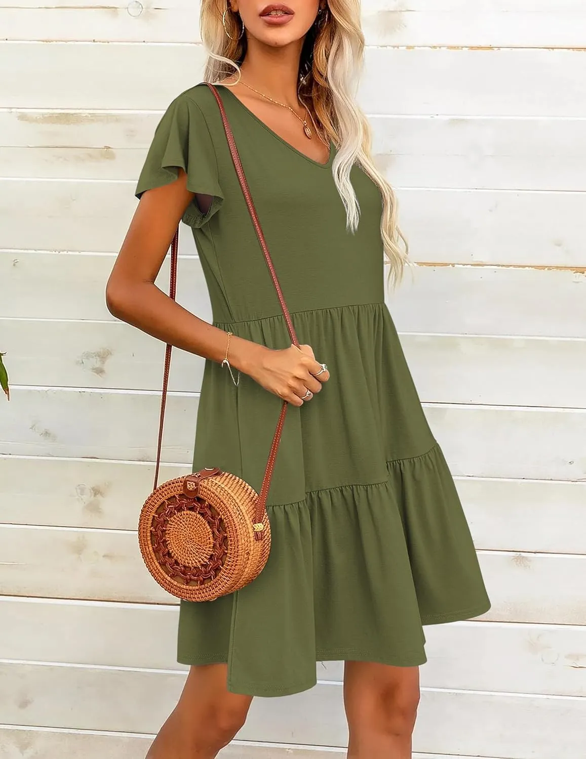 HOTOUCH Women's Casual Tiered Dress with Pockets V Neck Ruffle Dress Cap Sleeve Swing Mini Dress A-Line Dresses