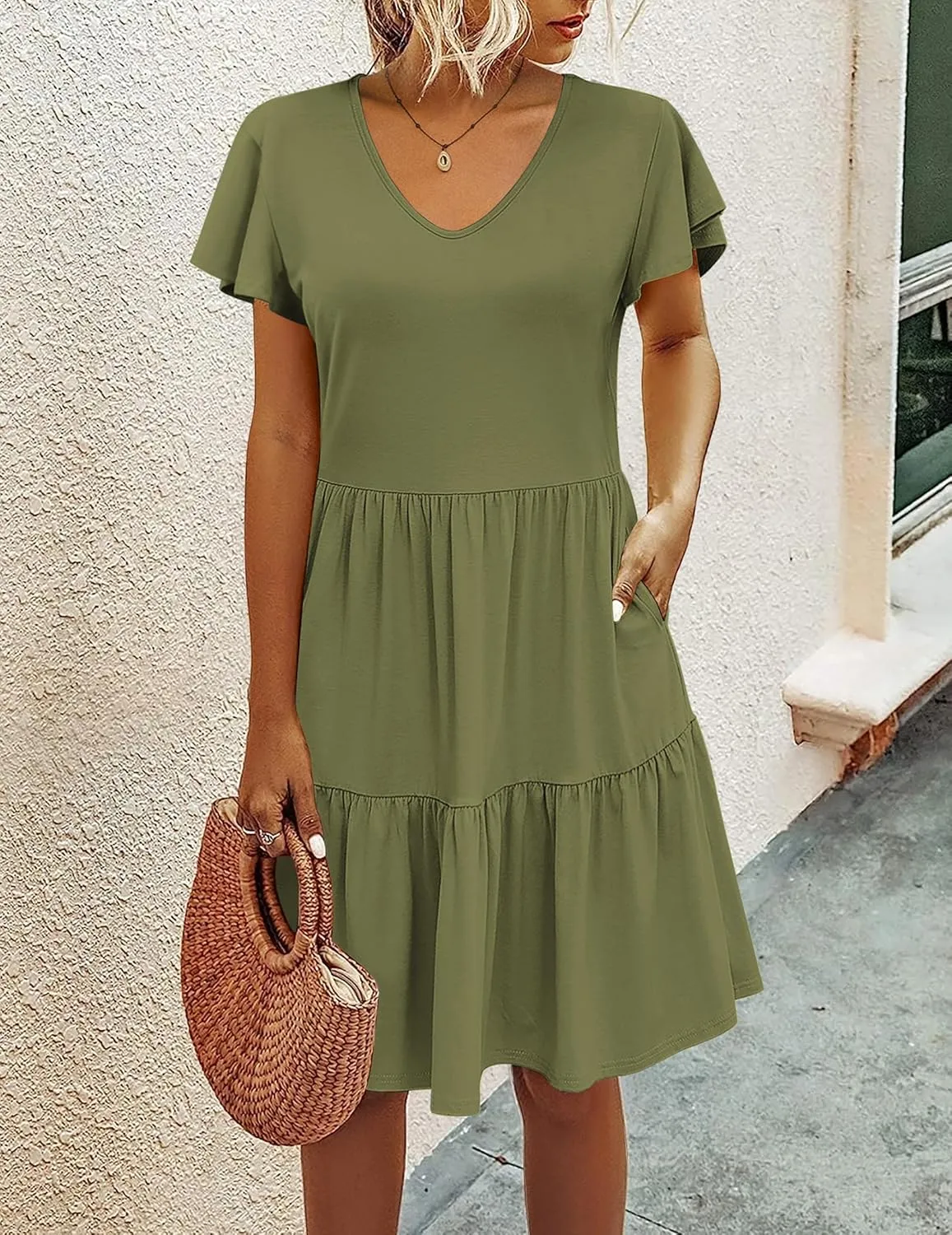 HOTOUCH Women's Casual Tiered Dress with Pockets V Neck Ruffle Dress Cap Sleeve Swing Mini Dress A-Line Dresses