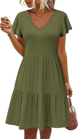 HOTOUCH Women's Casual Tiered Dress with Pockets V Neck Ruffle Dress Cap Sleeve Swing Mini Dress A-Line Dresses