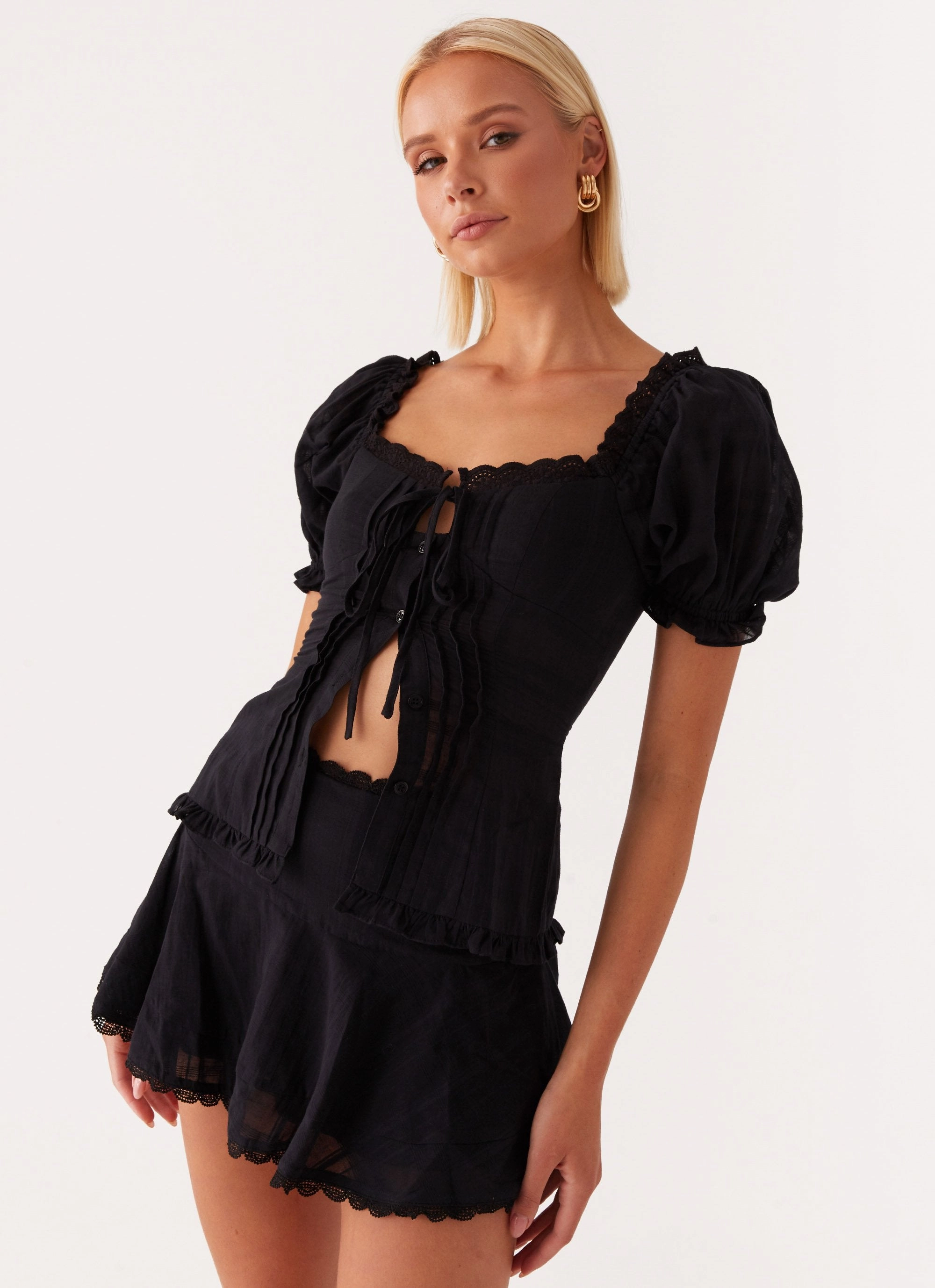 Stretch Waistband Design Hundred Percent Puff Sleeve Top - Black
