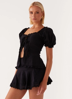Comfortable Style Double Needle Hemming Hundred Percent Puff Sleeve Top - Black