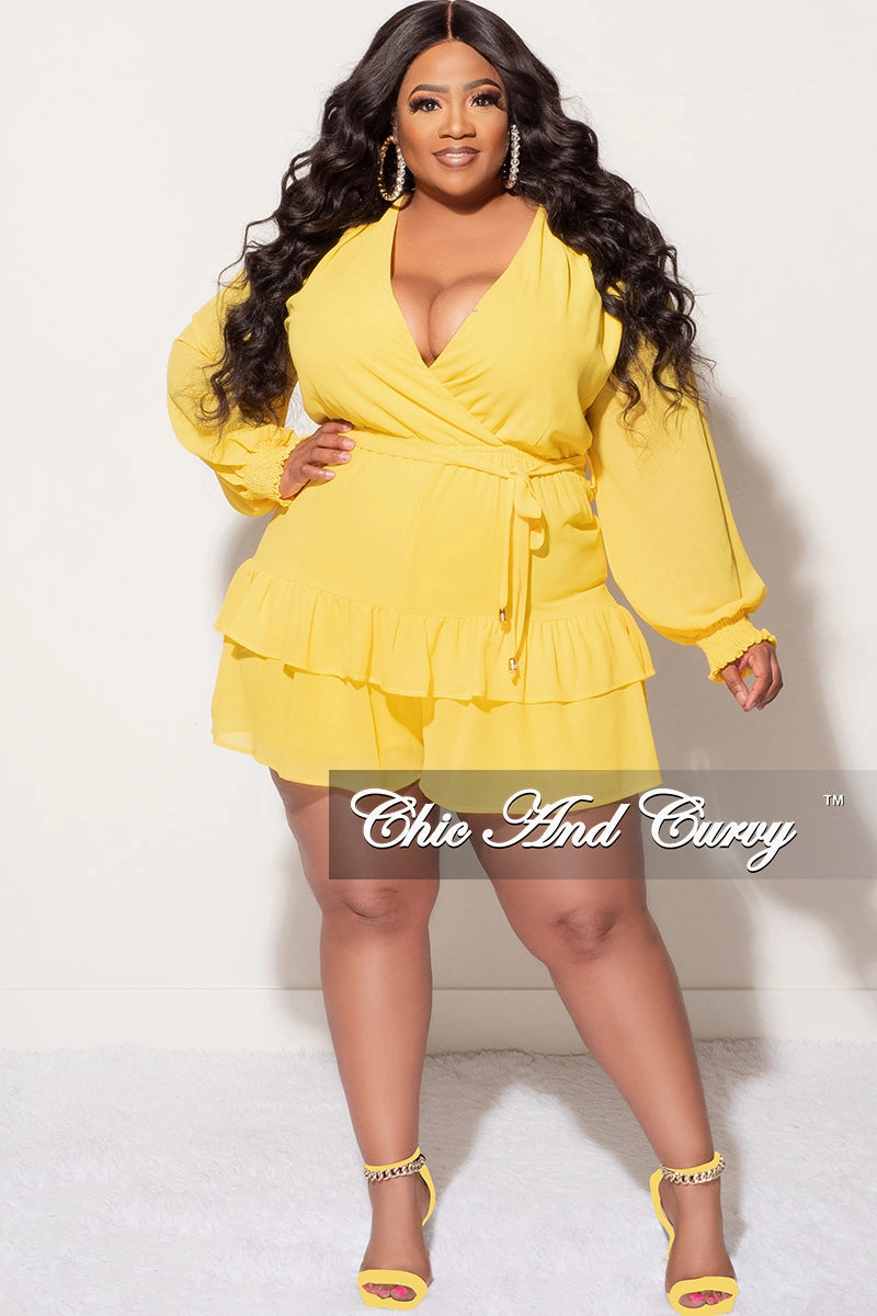 Final Sale Plus Size Surplice Neck Romper in Yellow AntibacterialCoating Breathable Wearable