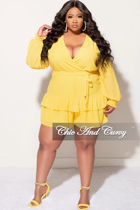 Final Sale Plus Size Surplice Neck Romper in Yellow Breath Fit Non Slip Waist Grip