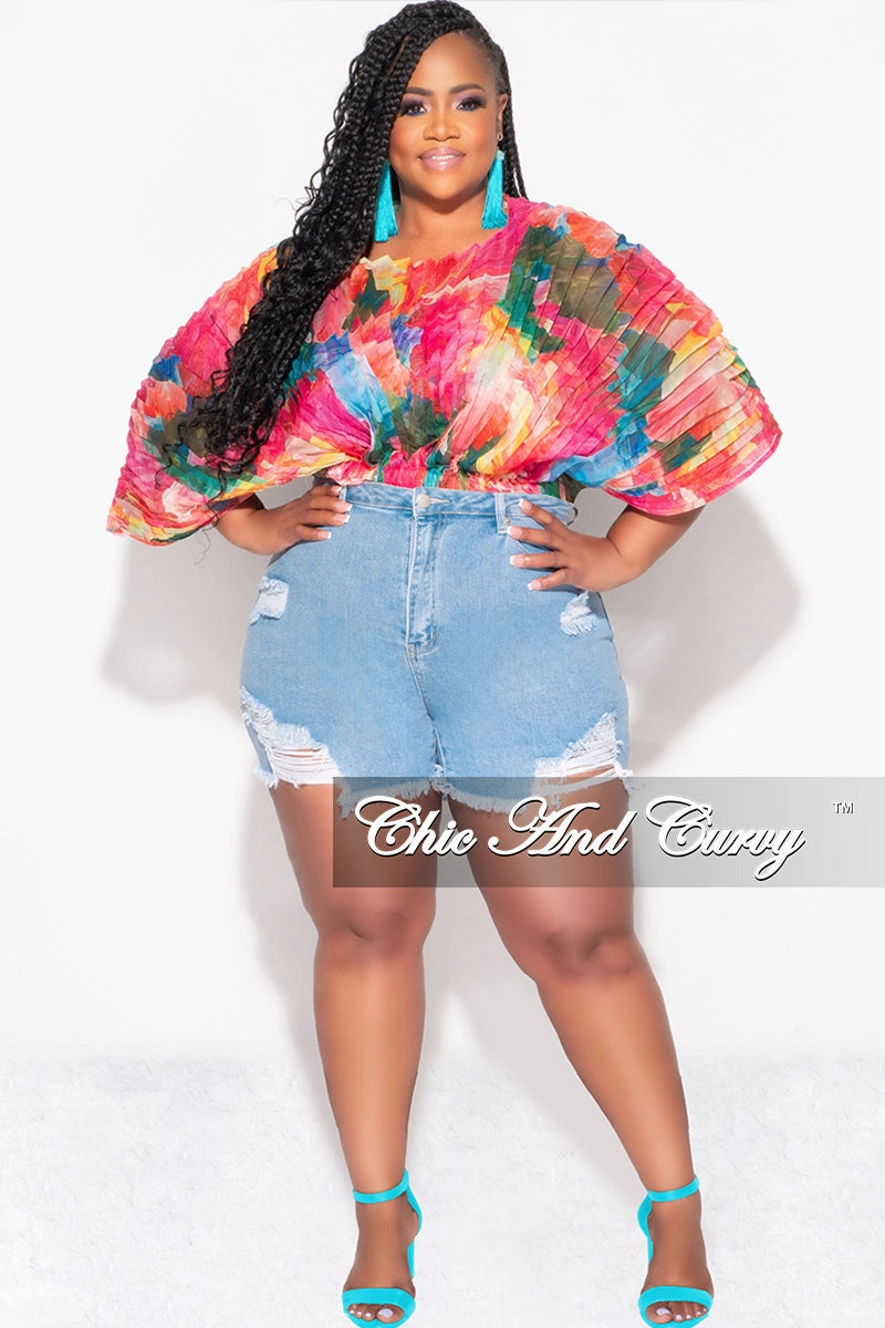 Seam-Free Office Appropriate Final Sale Plus Size Sheer Pleated Top in Pink Multi Color