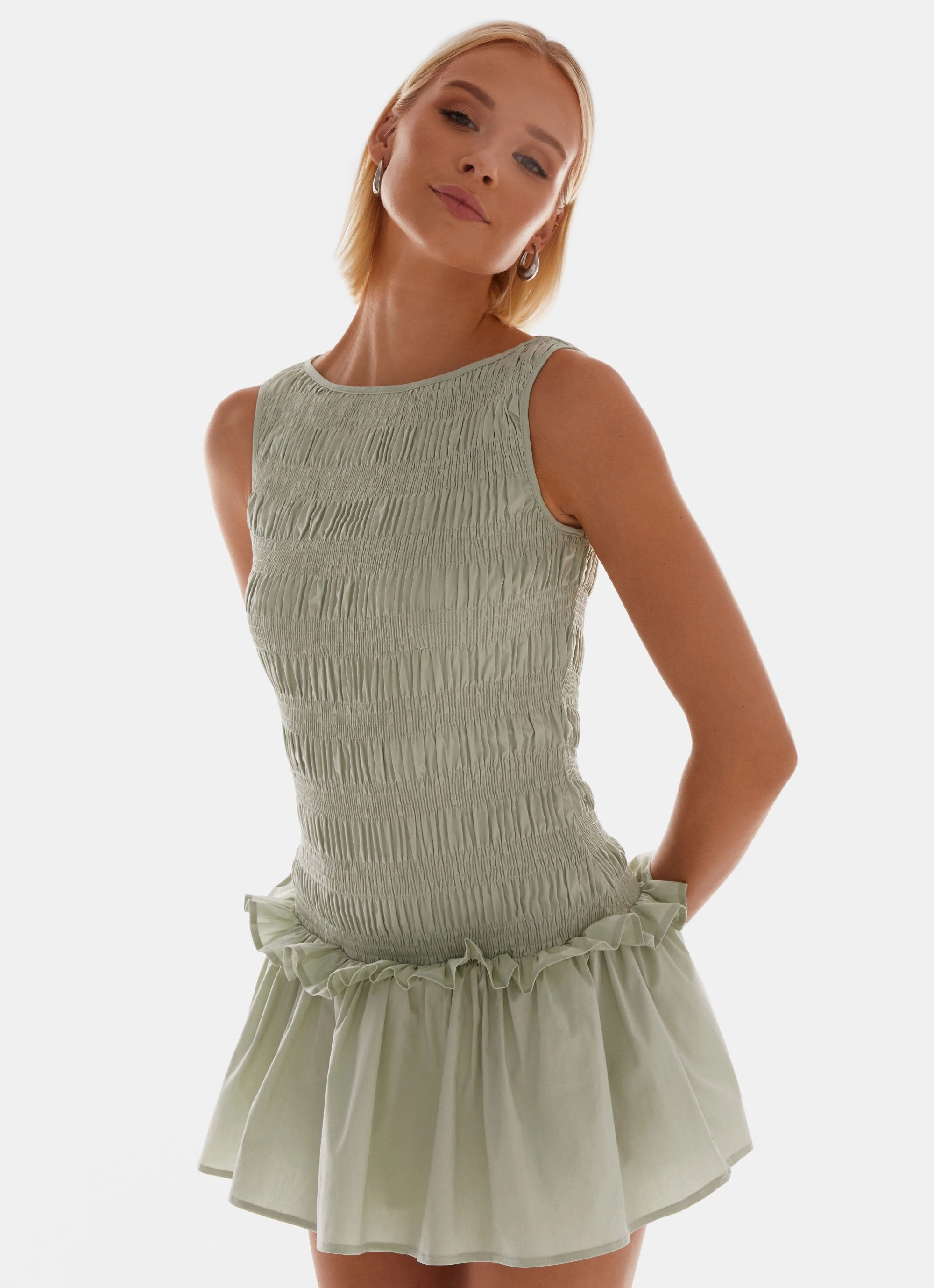 Soft-touch daywear Garden Kisses Shirred Mini Dress - Sage