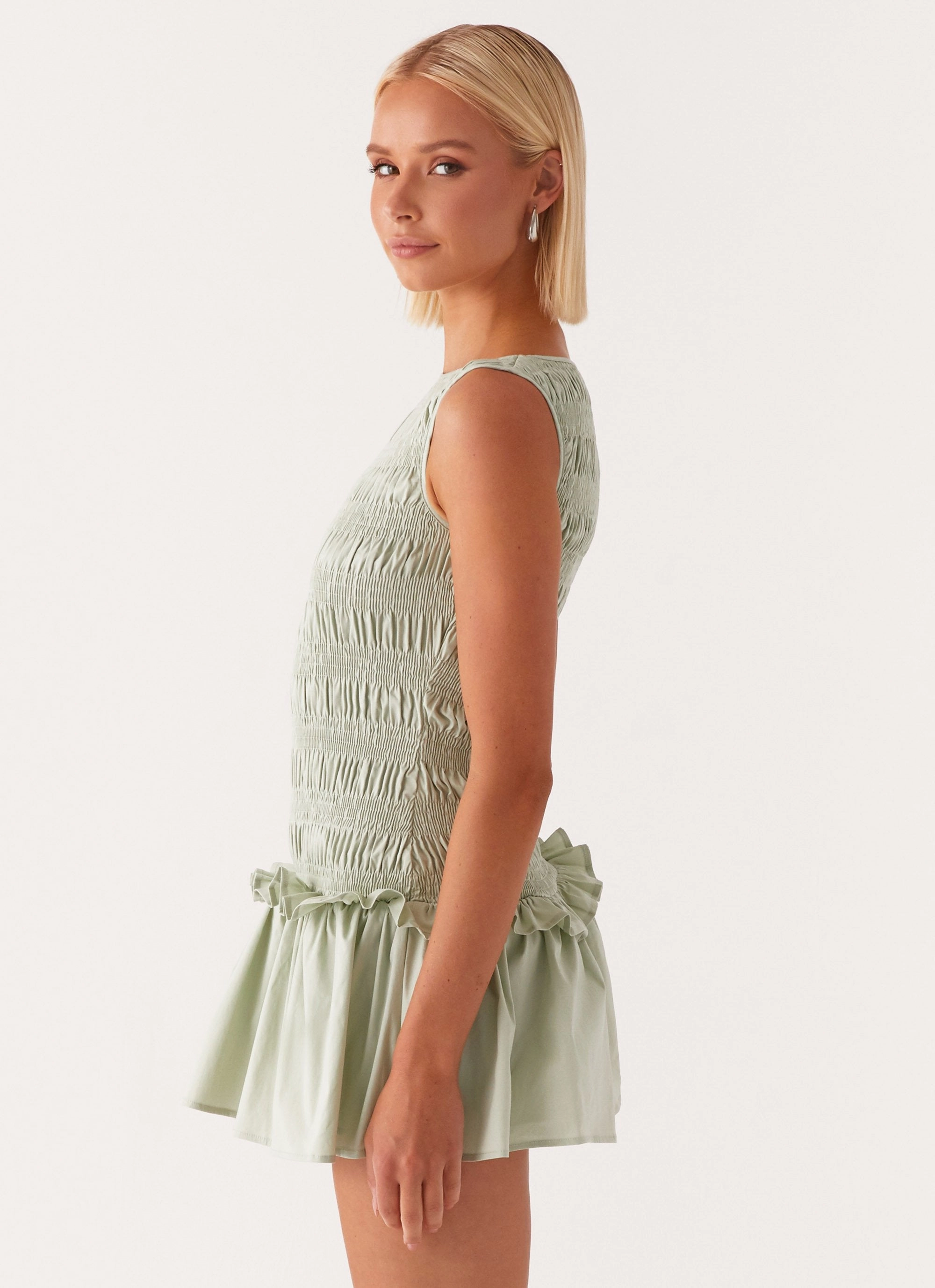Comfortable and Fashionable Shirred-Detail Garden Kisses Shirred Mini Dress - Sage