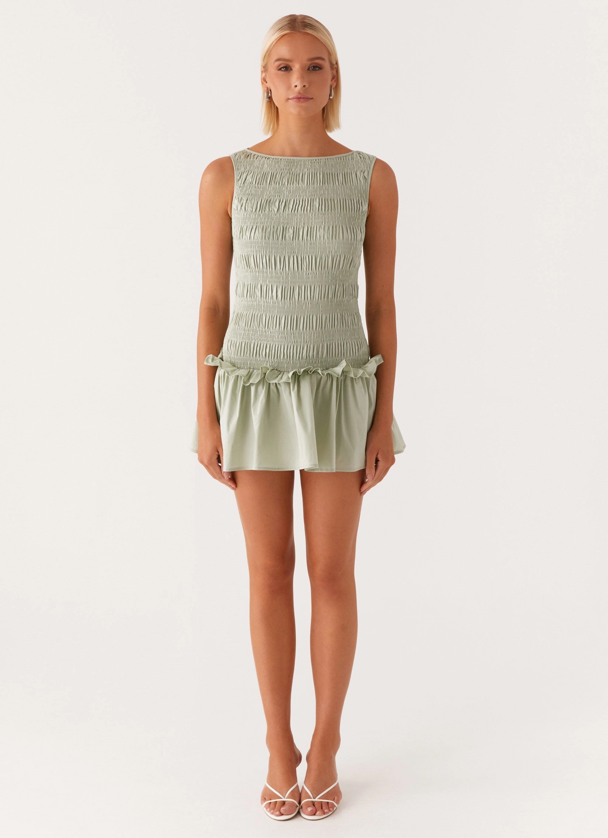 Trendy Layer London Edge Garden Kisses Shirred Mini Dress - Sage