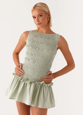 Garden Kisses Shirred Mini Dress - Sage Tailored-fit Elegant Layer