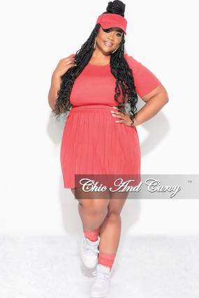 Final Sale Plus Size 2pc Short Sleeve Top and Pleated Skirt Set in Coral StretchWaistband