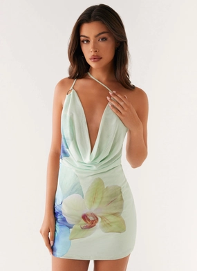 Bohemian Bliss Mesh Mini Dress - Green Floral Elegant holiday wear