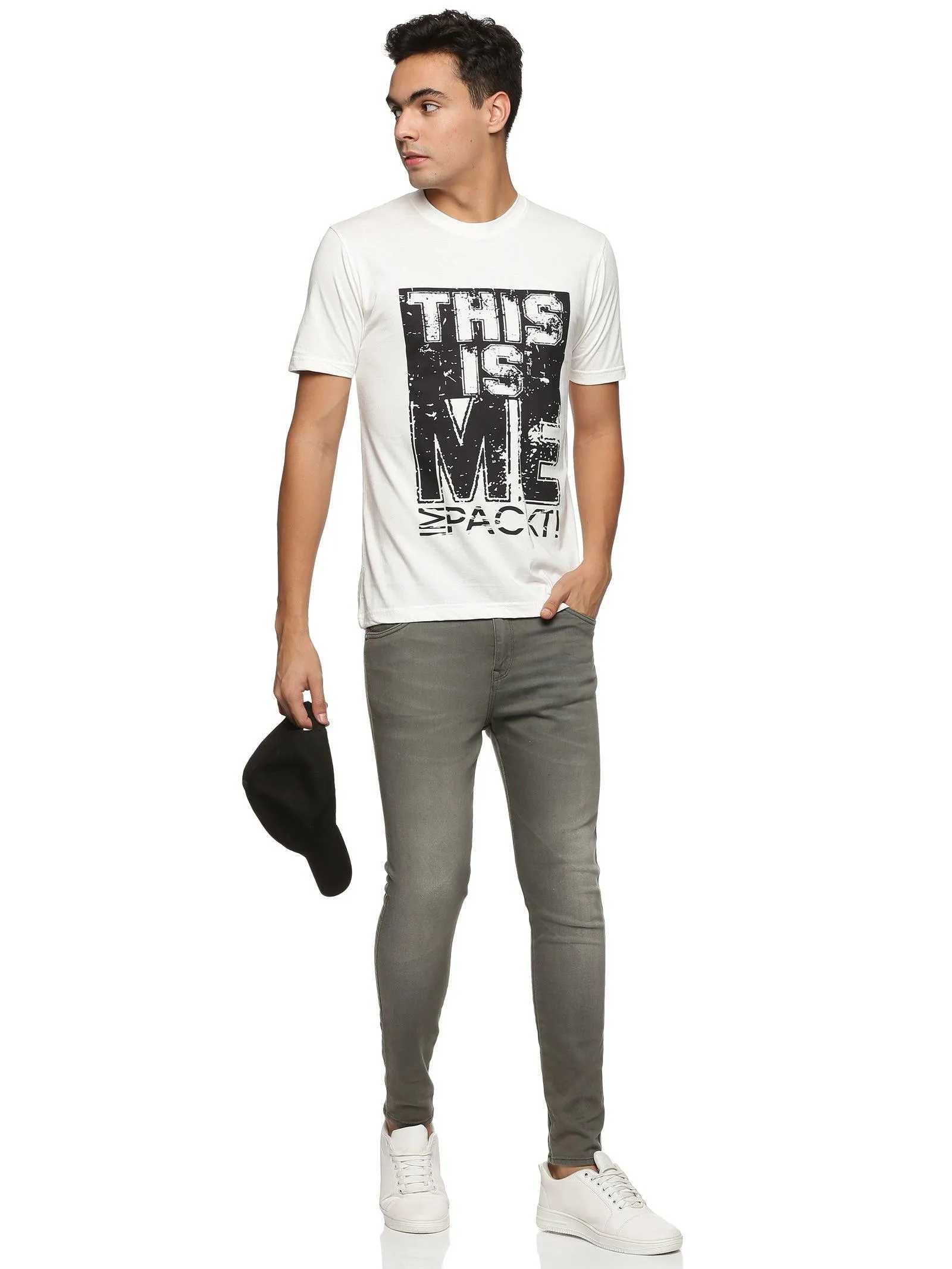 Impackt Men's Front Printed Round Neck White T-Shirt