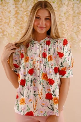 In My Garden Blouse Self Fabric Tie Closure
