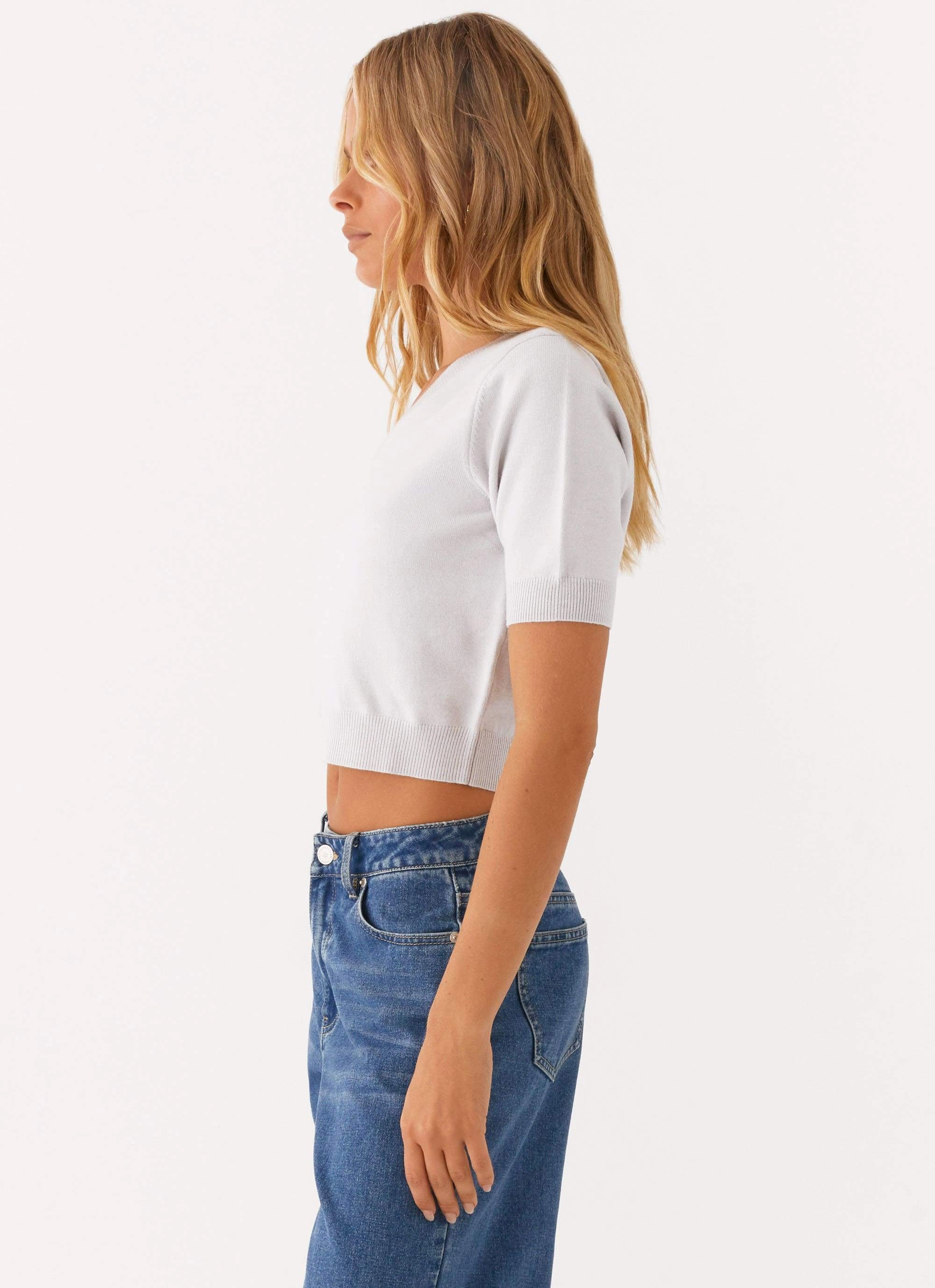 In The Beginning Short Sleeve Top - Grey Ribbed Hem Finish