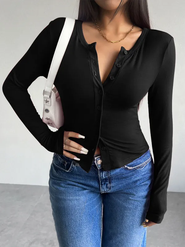 Indigo Solid Color Cardigan Button-Down Long Sleeve T-Shirt