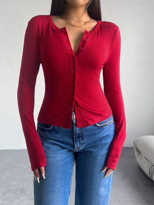 Indigo Solid Color Cardigan Button-Down Long Sleeve T-Shirt