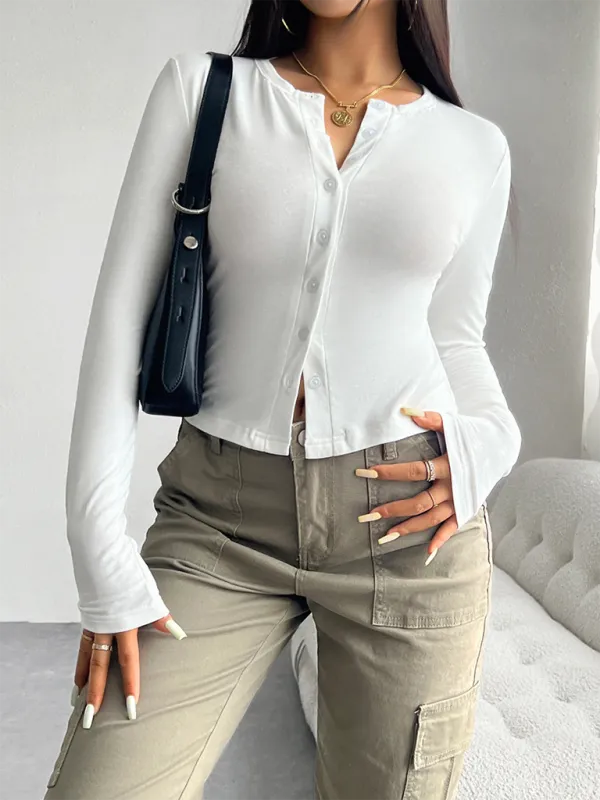 Indigo Solid Color Cardigan Button-Down Long Sleeve T-Shirt