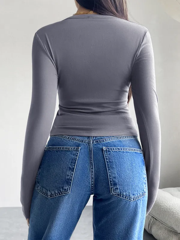 Indigo Solid Color Cardigan Button-Down Long Sleeve T-Shirt