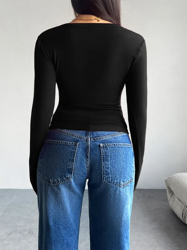 Indigo Solid Color Cardigan Button-Down Long Sleeve T-Shirt
