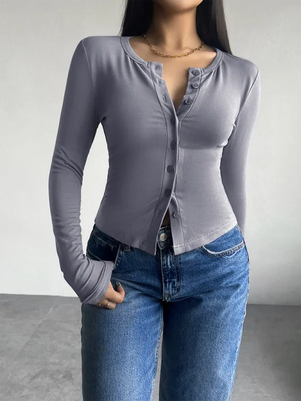 Indigo Solid Color Cardigan Button-Down Long Sleeve T-Shirt
