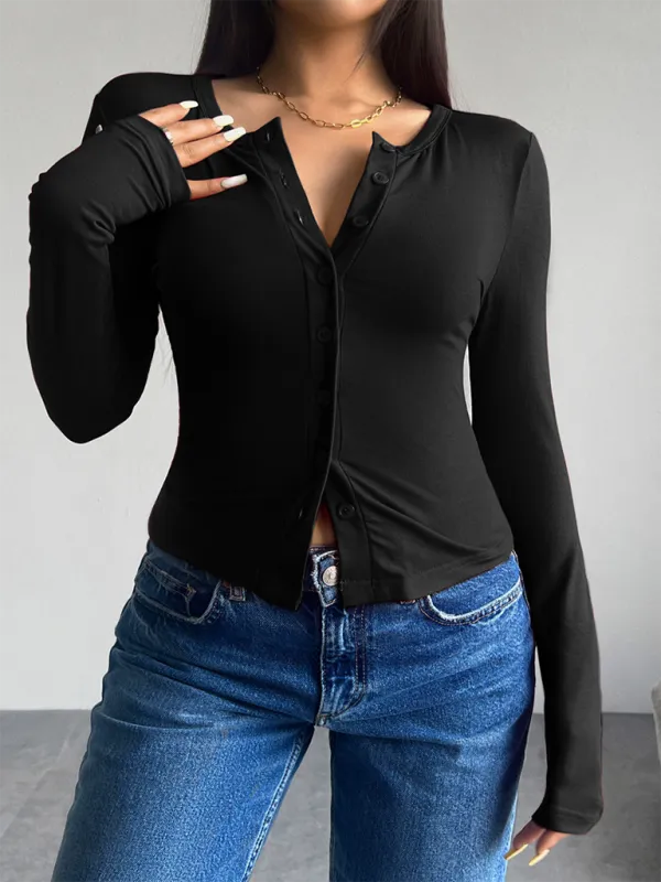 Indigo Solid Color Cardigan Button-Down Long Sleeve T-Shirt