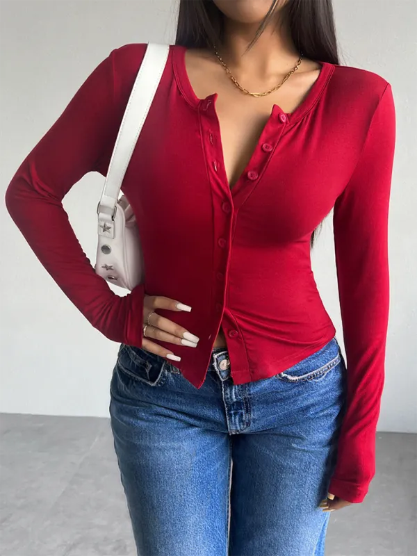 Indigo Solid Color Cardigan Button-Down Long Sleeve T-Shirt
