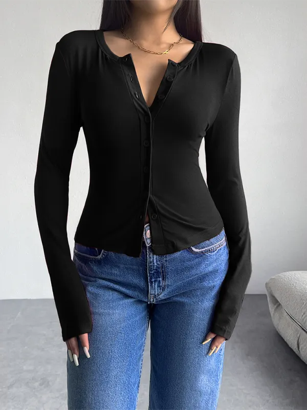 Indigo Solid Color Cardigan Button-Down Long Sleeve T-Shirt