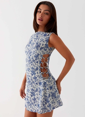 Indigo Bloom Linen Mini Dress - Blue Paisley Texture Softness