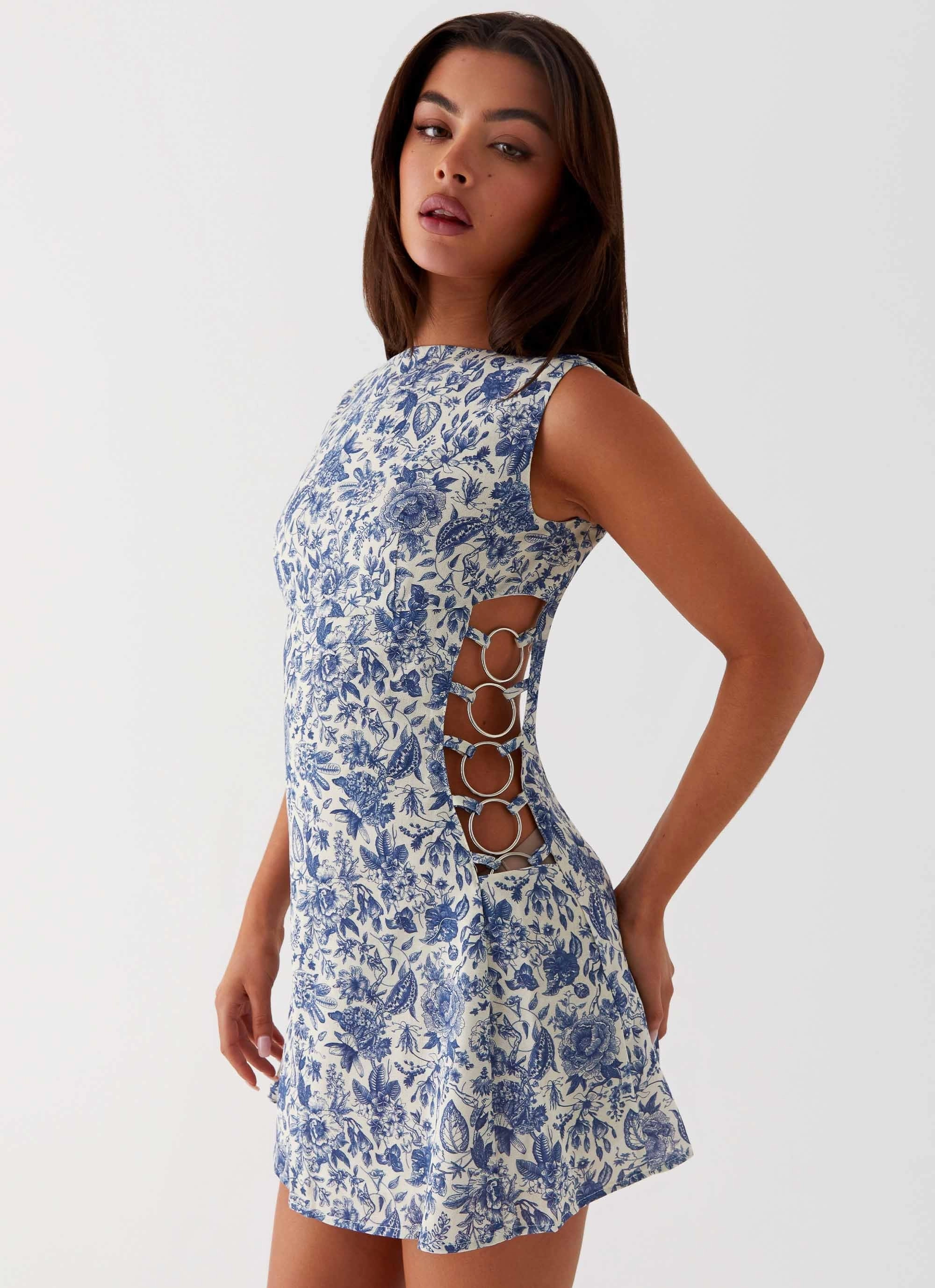 Indigo Bloom Linen Mini Dress - Blue Paisley Texture Softness