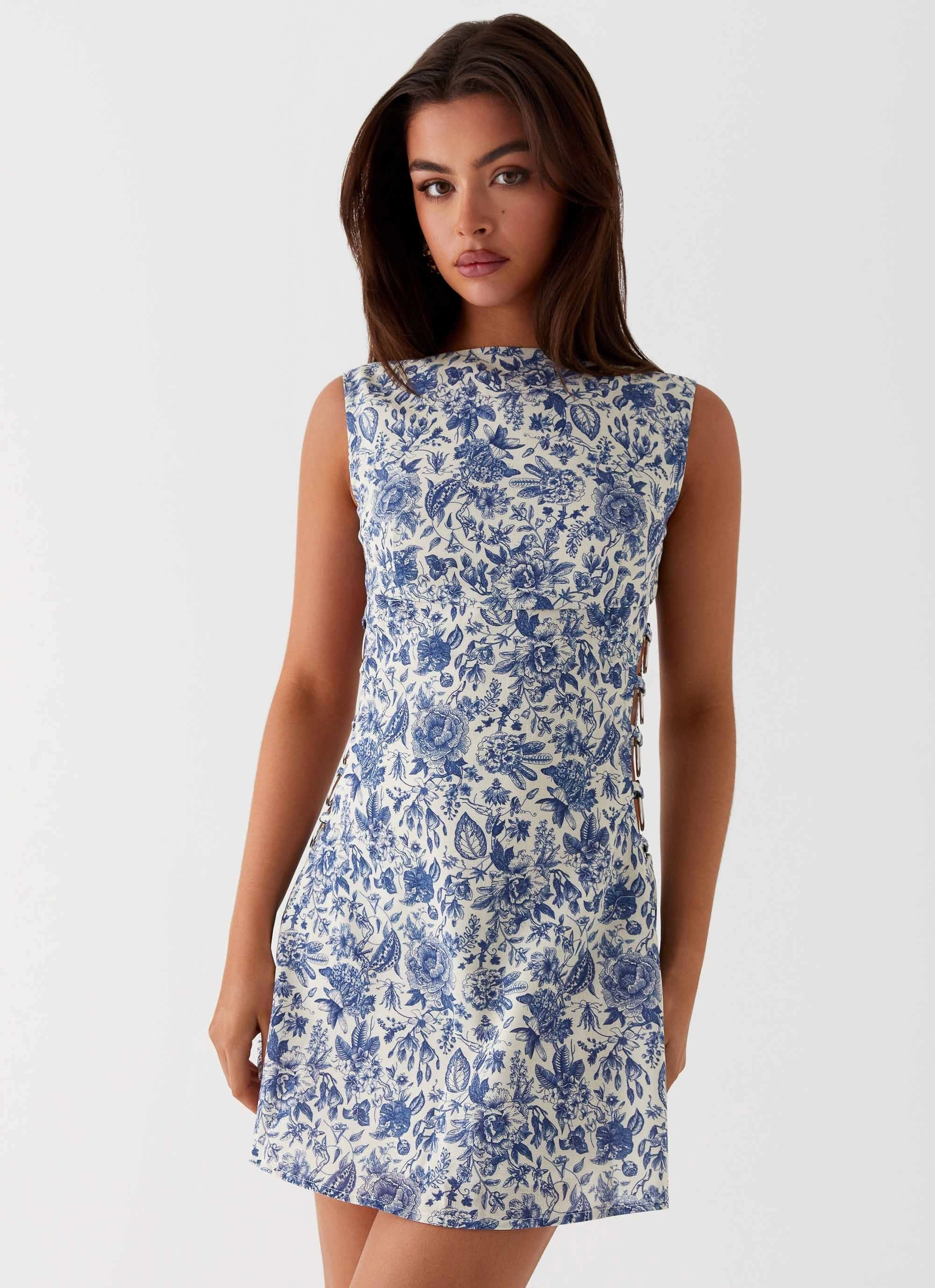 Sun-Protective Wedding Style Indigo Bloom Linen Mini Dress - Blue Paisley