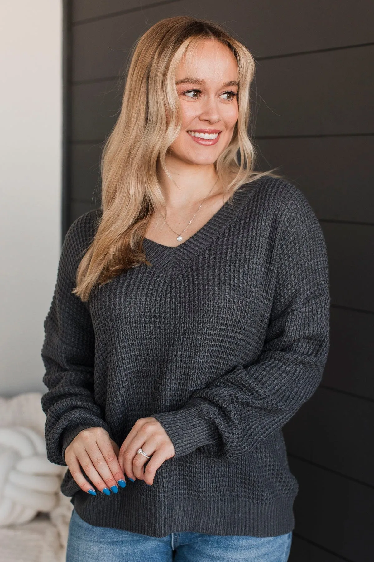 Inspiring Love V-Neck Sweater- Charcoal