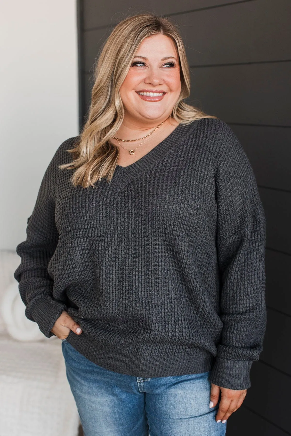 Inspiring Love V-Neck Sweater- Charcoal