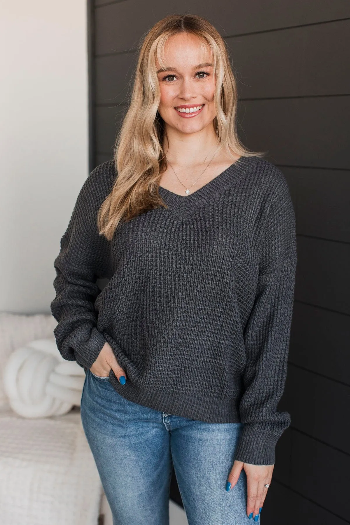 Inspiring Love V-Neck Sweater- Charcoal