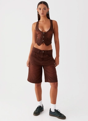Durable Zipper Heading South Denim Jorts - Brown