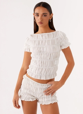 Yarn Dyed Fabric Trendy Shirt Mateo Ruched Top - White