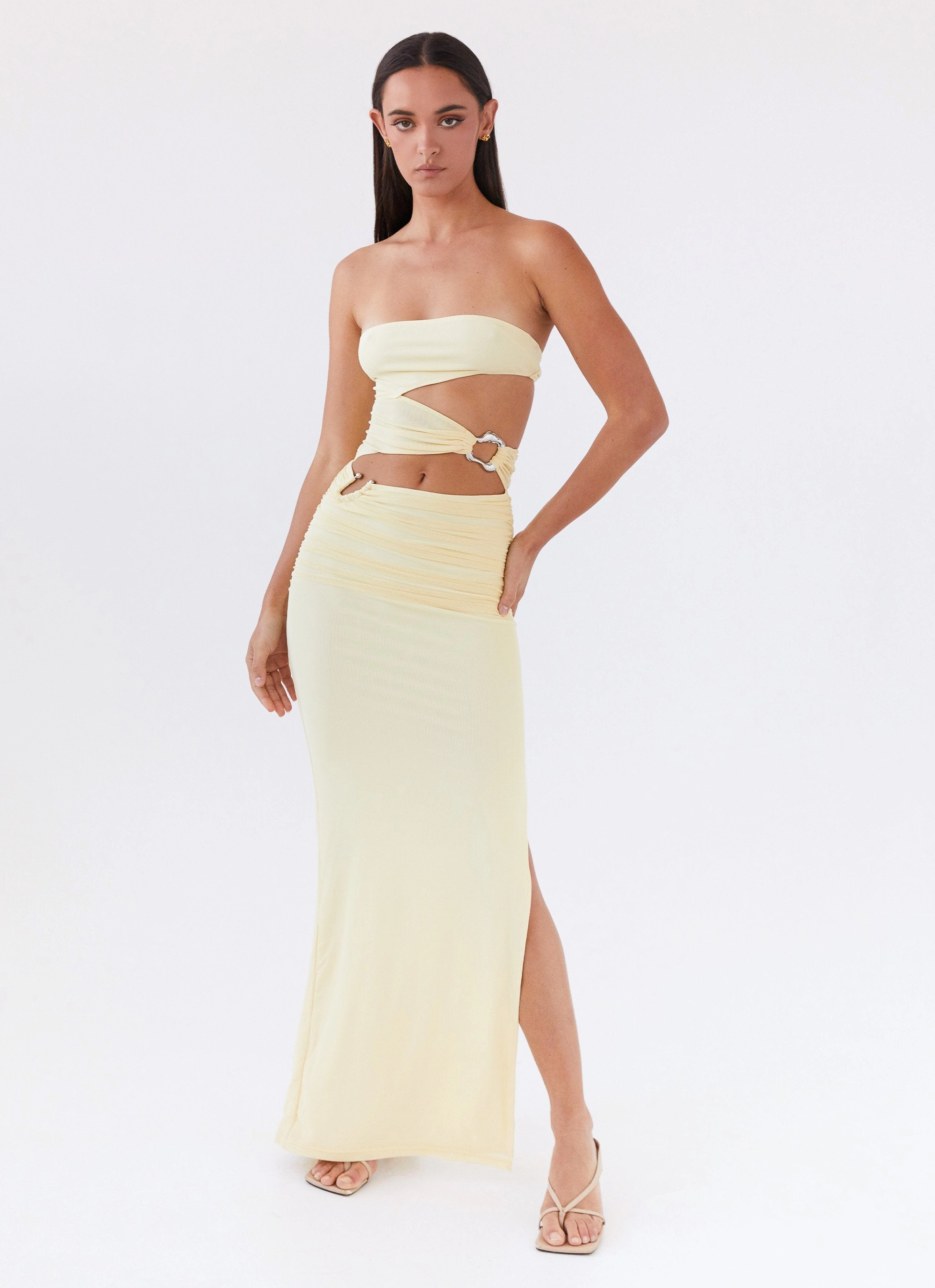 FadeResistantColor Trendy Appeal Into Pieces Mesh Maxi Dress - Lemon