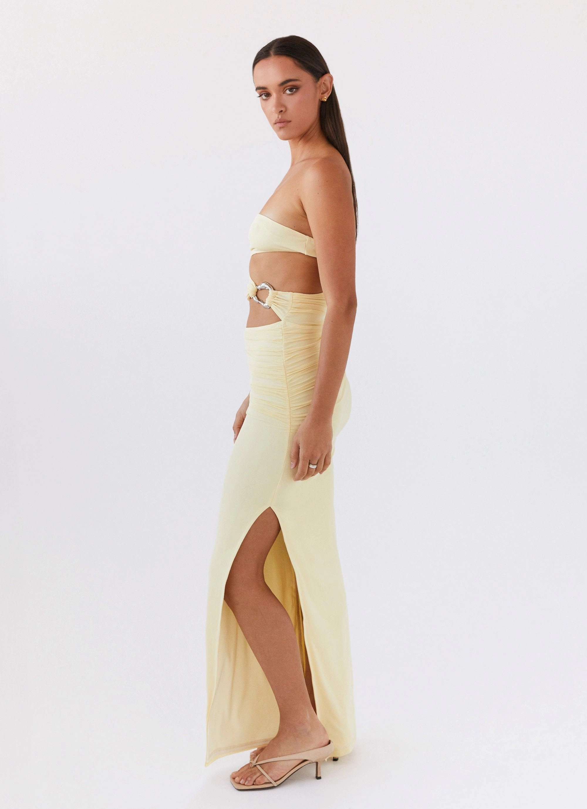 Into Pieces Mesh Maxi Dress - Lemon Sophisticated Line Smart Vibe