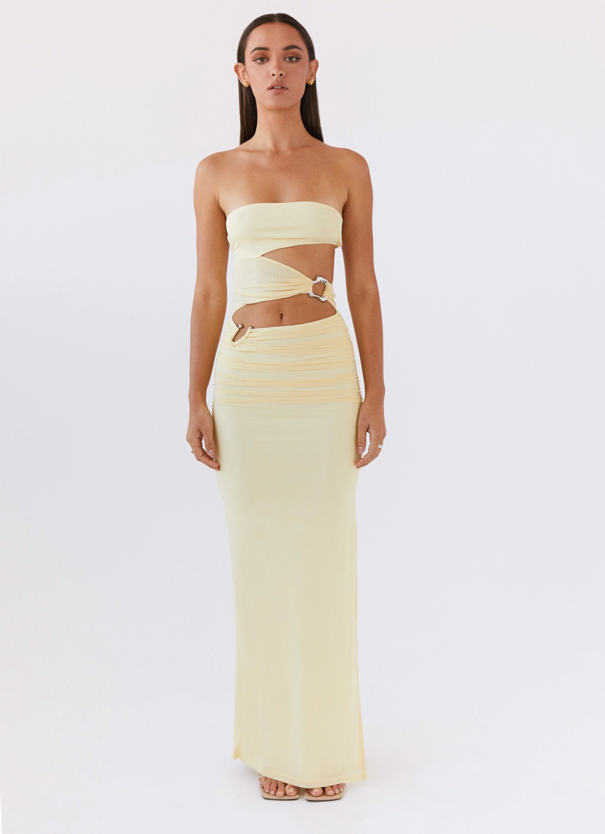Party Safe Cozy Vibes Into Pieces Mesh Maxi Dress - Lemon