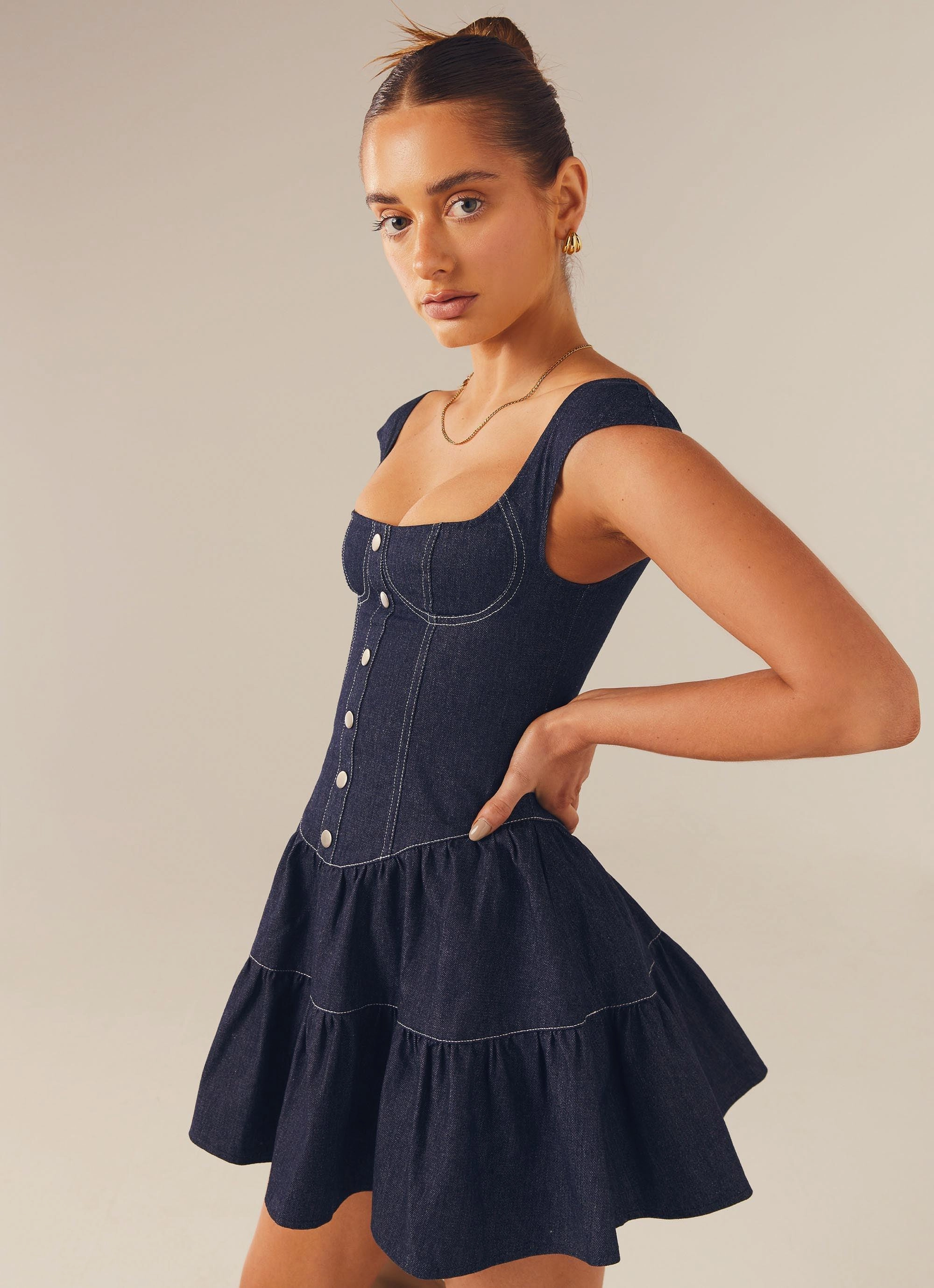 Isabella Denim Bustier Dress - Indigo Simple Form Basic Fashion