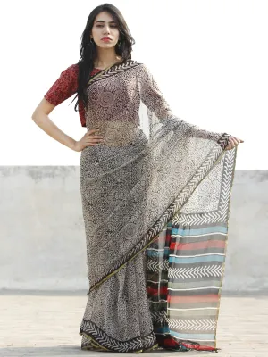 Ivory Black Hand Block Printed Chiffon Saree with Zari border- S031702678